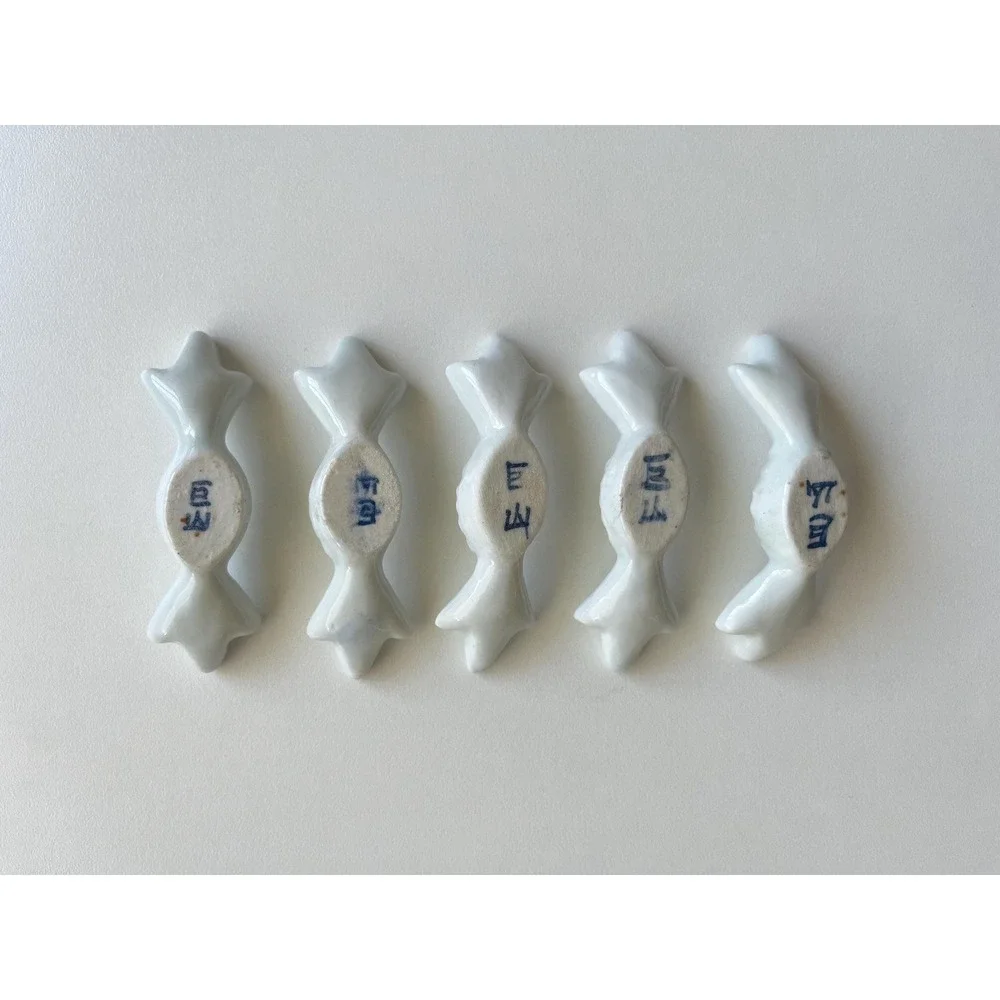 VTG Set of 5 blue glazed ceramic floral chopstick/utensil rests Handmade artisan